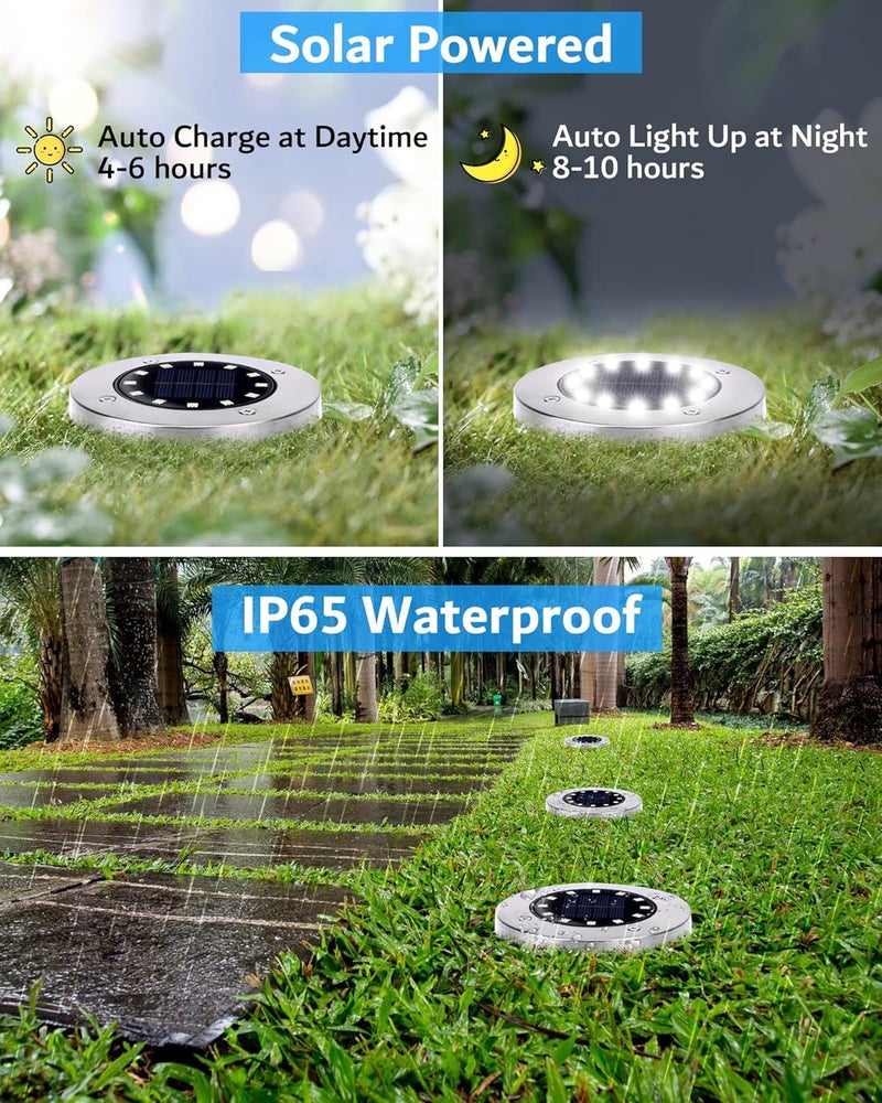 Biling Solar Ground Lights Outdoor 8 Packs, 12 LEDs Bright Flat Solar Lights Outdoor Waterproof Solar Powered for Yard Walkway Garden Driveway (White) - Image 3
